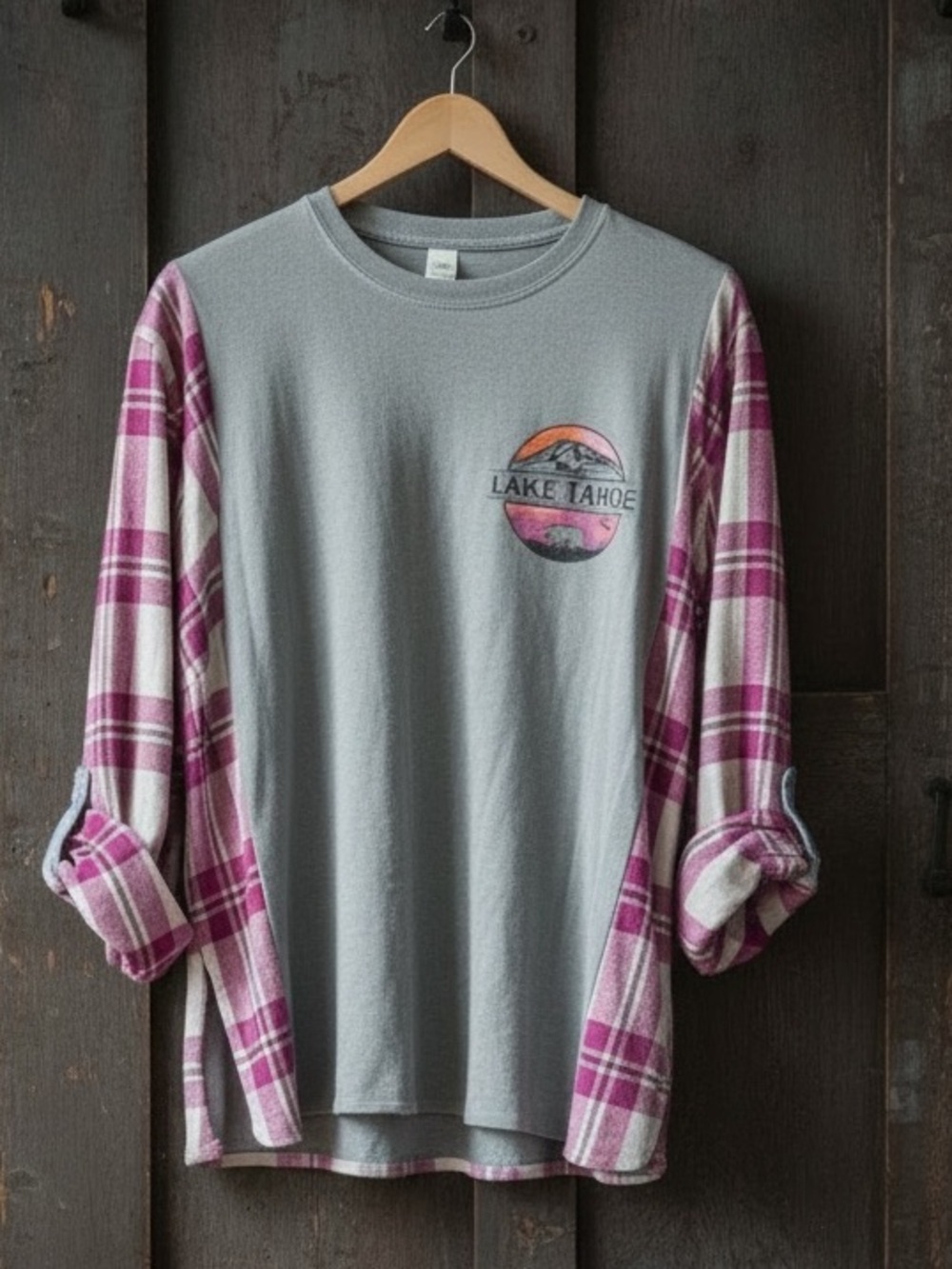 Lake Tahoe Upcycled Flannel Top Tee Shirt Boyfriend Oversized